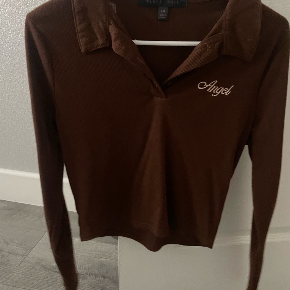 Brown, long sleeve collar top